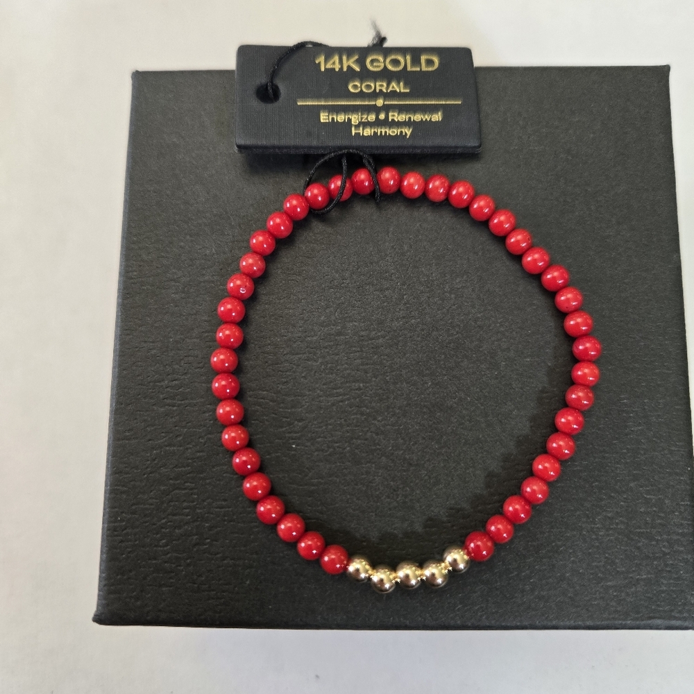 14kt Solid Yellow Gold Genuine Red Coral Bracelet - Picture 2 of 6